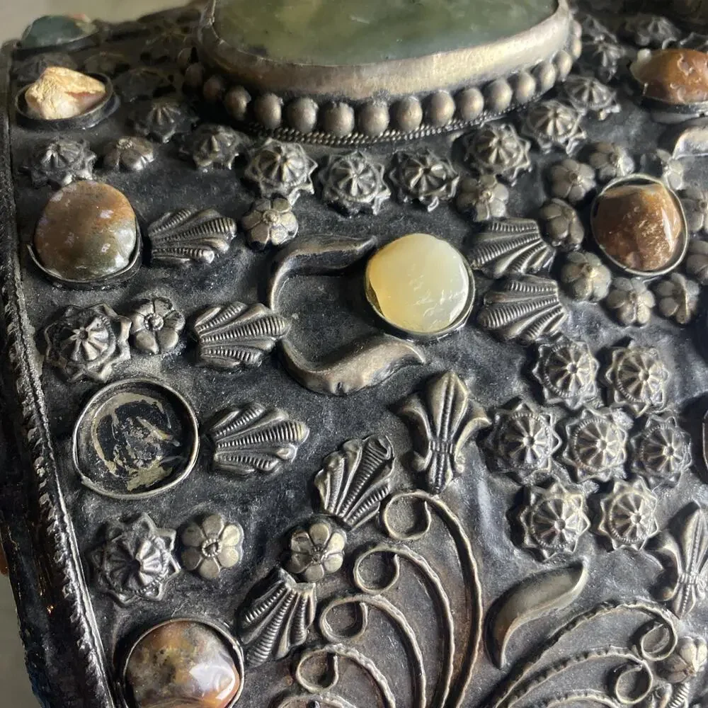 Vintage Moroccan Indian Wedding Jewelry Chest Box Dome Top Mixed Stones